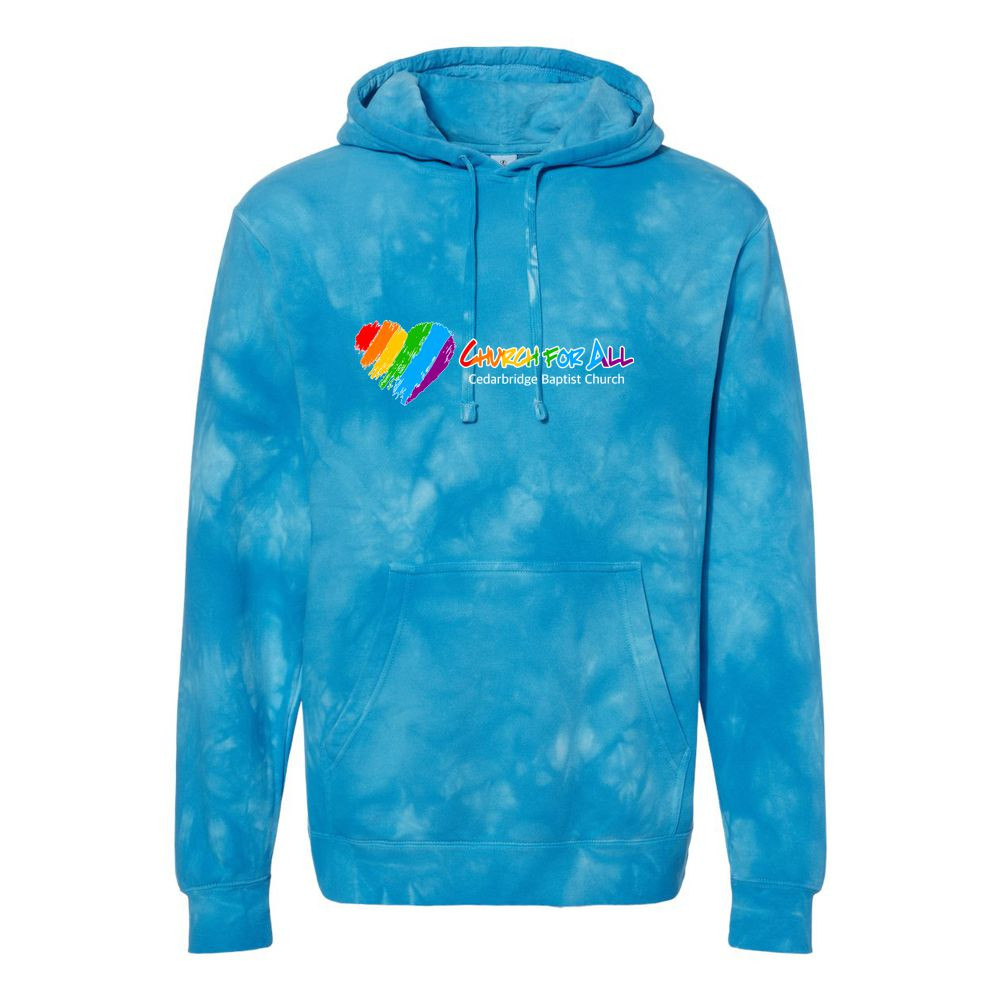 Church For All | 100% of Proceeds Benefit Cedarbridge Love Wins | Unisex Midweight Tie-Dyed Hooded Sweatshirt
