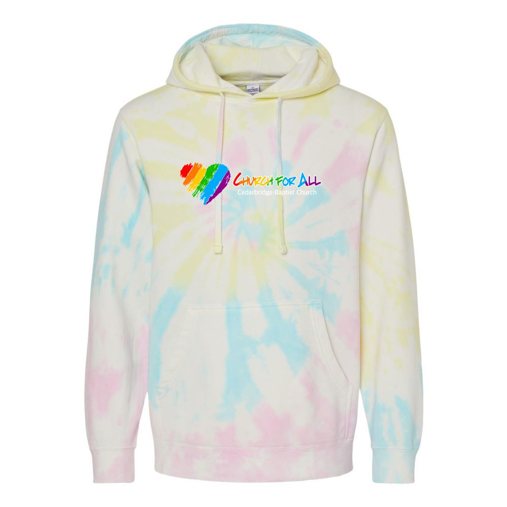 Church For All | 100% of Proceeds Benefit Cedarbridge Love Wins | Unisex Midweight Tie-Dyed Hooded Sweatshirt